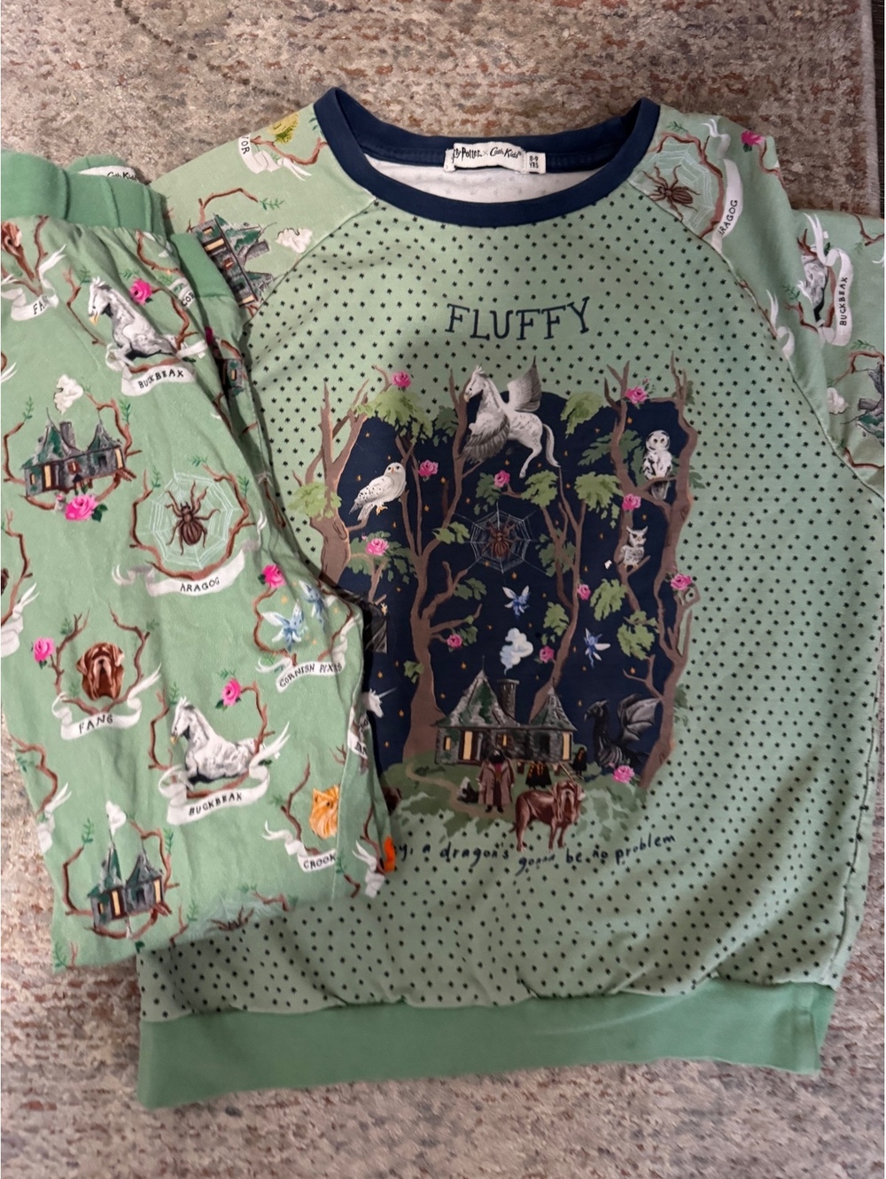 Harry Potter x Cath Kidston Kids Pajama Set Green Fluffy Magical Creatures 7-9